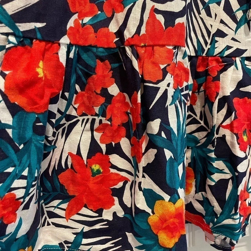 Jessica London Women Midi Skirt Size 24 Red Linen Blend Floral Coastal Grandma